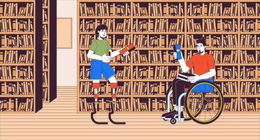Inaktiverad vänner gående till bibliotek tecknad serie platt illustration. kvinna med protes- ben och rullstolsburna man 2d linje tecken färgrik bakgrund. inkludering scen berättande bild vektor