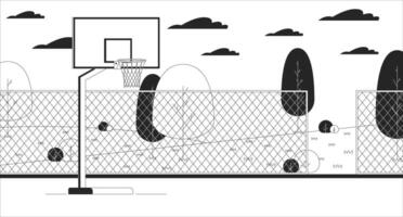 basketboll domstol svart och vit linje illustration. team boll spel. urban idrottsplats med Utrustning 2d landskap svartvit bakgrund. stad parkera med sporter fält översikt scen bild vektor
