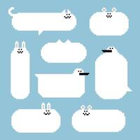Sammlung einstellen von retro Spiel 8 Bit Pixel Kunst Tier Haustier Katze Vogel Hase Bär Text Box Memo Rede Blase Ballon schwarz und Weiß Farbe vektor