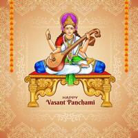 schön glücklich Vasant Panchami Festival Karte mit Göttin Saraswati Design vektor