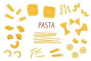 pasta klotter hand dragen illustration på isolerat bakgrund. typer av vete mjöl Produkter i tecknad serie stil, makaroner, fettuccine, lasagne, cavatappi, rotelle, farfalle, rigatoni. italiensk mat vektor
