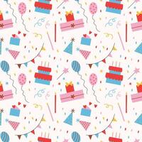födelsedag firande sömlös mönster med konfetti, ballong, kaka, presenterar, hjärta, festlig dekorationer. upprepa Semester bakgrund för grattis, design, kort. tecknad serie illustration vektor
