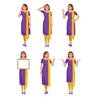 indisk kontor flicka med annorlunda kvinna i en lila klänning med en tecken den där säger hon är innehav upp. vektor