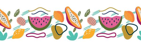 abstrakt Obst nahtlos Grenze. Papaya, Mango, Zitrone und abstrakt Elemente. Illustration zum Hintergrund, Karte, Poster vektor