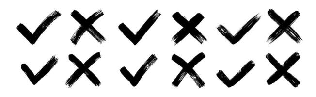 schmutzig Grunge Hand gezeichnet mit Bürste Schlaganfälle Kreuz x und Tick in Ordnung prüfen Markierungen v Illustration einstellen vektor