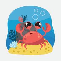 krabba. isolerat krabba på en vit bakgrund, hav botten. Färg illustration i de stil av tecknad serie. hav botten med alger, skal och koraller vektor