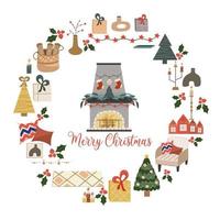 jul cirkulär design isolerad på vit bakgrund, i mitten är öppen spis med texten merry christmas.fireplace med eld, träd och krans. vektor illustration för vykort eller semester inredning.