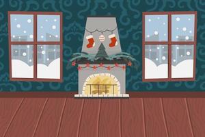 Weihnachtswohnzimmer mit Kamin, Holzboden, gemusterter Tapete und schneebedeckten windows.fireplace mit einem Baum, Weihnachtssocken und Girlanden .. Vector Illustration für ein festliches Interieur.
