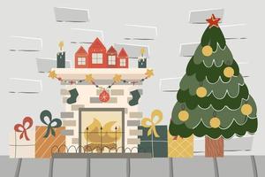 jul tegel loft med öppen spis och träd. dekorerade bollar gran, öppen spis med ljus och presenter. vektor illustration av en festlig interiör