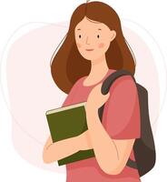 söt flicka studerande med en ryggsäck innehav en bok. ung kvinna studerar på universitet. vektor