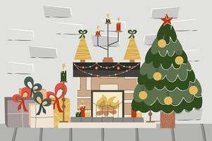 jul tegel loft med öppen spis och träd. dekorerade bollar gran, öppen spis med ljus och presenter. vektor illustration av en festlig interiör