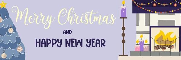 jul banderoll med text god jul och öppen spis med blå spruce.light text på lila bakgrund, öppen spis med eld, ljus, krans. vektor illustration av festlig vertikal banner.
