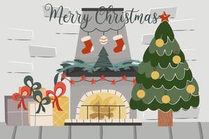 jul tegel loft med öppen spis, gran, text god jul. dekorerad med bollar gran och öppen spis ljus och presenter. vektor illustration av en festlig interiör.