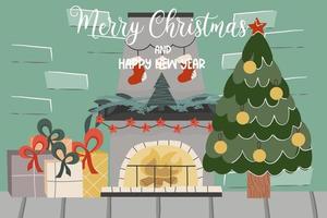 jul tegel loft med öppen spis, gran, text god jul. dekorerad med bollar gran och öppen spis ljus och presenter. vektor illustration av en festlig interiör.