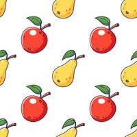 söt gul päron och röd äpple sömlös mönster i klotter stil. tecknad serie illustration. mönster för barn kläder. frukt textur på vit bakgrund. vektor