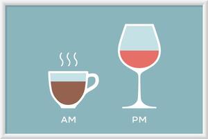 Tasse Kaffee und Glas Wein im Cafe mit Symbol defferent Zeit vektor
