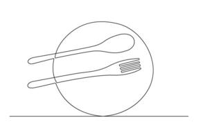 kontinuierlich Single Linie Zeichnung Besteck, Kochen Utensilien. Gabel, Messer und Teller Weiß Hintergrund Profi Illustration vektor