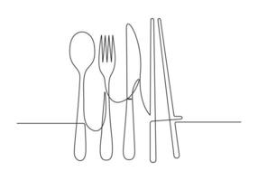 kontinuerlig ett linje teckning av bestick uppsättning sked kniv och gaffel proffs illustration vektor