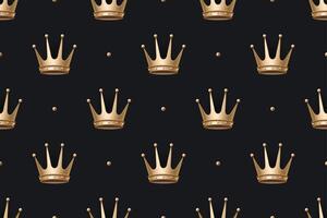 sömlös mönster med guld kung krona på en mörk svart bakgrund vektor