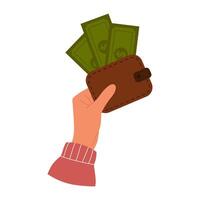 Hand hält braun Brieftasche mit Grün Papier Geld. Geldbörse mit Papier Währung. Brieftasche gefüllt mit Banknoten vektor