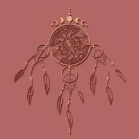 detaillierter Traumfänger mit Mandala-Ornament und Mondphasen. Gold mystisches Symbol, ethnische Kunst mit indianischen Boho-Design, Vektor isoliert auf altem Vintage-Rosa-Hintergrund