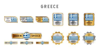 Hergestellt in Griechenland Etikett, Stempel, Abzeichen oder Logo. mit der Nationalflagge Griechenlands. auf Platin-, Gold- und Silberfarben. Premium- und Luxusemblem vektor