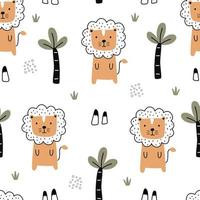 Cartoon Tier Hintergrund für Kinder nahtlose Muster mit Löwen und Baum Kinder Stil handgezeichnetes Design. Verwenden Sie für Stoff, Textilien, Tapetendruck, Dekoration, Vektorillustration. vektor