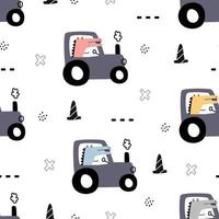 Hand gezeichneter nahtloser Mustervektor des Traktors mit Traktor mit Alligator auf weißem Hintergrund. süßes Design im Cartoon-Stil. Verwendung für Druck, Tapeten, Stoffe, Modetextilien. vektor