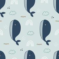 Blauwal mit Himmel nahtlose niedlichen Cartoon-Hintergrund. Designs für Textilien, Kleidungsstile, Drucke, Tapeten, Vektorillustrationen. vektor