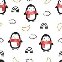 Weihnachten nahtlose Muster mit Pinguinen auf weißem Hintergrund. handgezeichnetes Design im Cartoon-Stil. Verwenden Sie für Drucke, Feiertapeten, Stoffe, Textilien, Vektorillustrationen. vektor