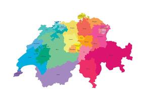 isolerat illustration av förenklad administrativ Karta av schweiz. gränser och namn av de regioner. mång färgad silhuetter. vektor