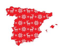 isolerat illustration för ny år och jul Semester. förenklad Spanien Karta. röd mönster dekorerad vit korsa sys snöflingor och renar. vektor