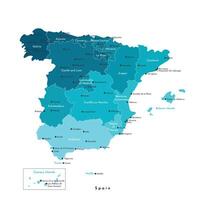 isoliert Illustration. vereinfacht administrative Karte von Spanien einschließlich Balearen, Kanarienvogel Inseln, Melilla, Ceuta. Weiß Hintergrund. Namen von Spanisch Städte und autonom Gemeinschaften vektor