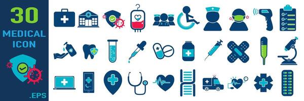 medicinsk uppsättning av 30 ikoner. som innehåller läkare, medicin, sjukhus, behandling, sjukvård, sjuksköterska, biljard, klinik och Mer. fast ikoner samling. vektor