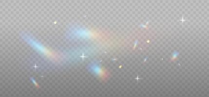 Regenbogen Betrachtung Licht Prisma bewirken auf Licht Hintergrund. Hologramm Glas Streuung, Kristall Fackel Leck Schatten überlagern. Illustration vektor