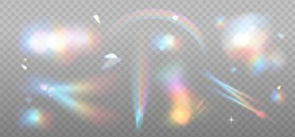 groß einstellen von bunt Linse, Kristall Regenbogen Licht und Fackel transparent bewirken Elemente. Overlay Vorlagen. dreieckig holographisch Glas Prisma Konzept. eps10 vektor