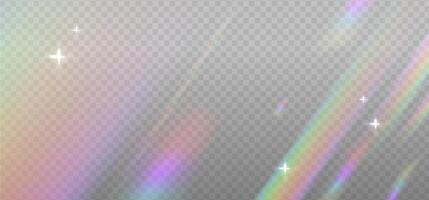irisierend Kristall Leck Blendung Betrachtung Wirkung. optisch Regenbogen Strahl Beleuchtung, Blendung, Leck, Streifen überlagern. bunt Linsen und Licht Fackeln mit transparent Auswirkungen auf Licht Hintergrund. vektor