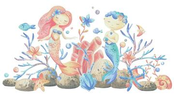 Meerjungfrau wenig Junge und Mädchen mit Meer Korallen, Algen, Muscheln, Seestern, Fisch, Blasen. Aquarell Illustration Hand gezeichnet im Koralle, Türkis und Blau Farben. Komposition isoliert von das Hintergrund. vektor