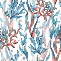 under vattnet värld ClipArt med hav djur, bubblor, korall och alger. hand dragen vattenfärg illustration. sömlös mönster på en vit bakgrund. vektor