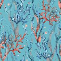 under vattnet värld ClipArt med hav djur, bubblor, korall och alger. hand dragen vattenfärg illustration. sömlös mönster på en blå bakgrund. vektor