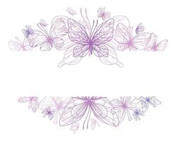 Schmetterlinge sind Rosa, Blau, lila, fliegend, zart Linie Kunst. Grafik Illustration Hand gezeichnet im Rosa, lila Tinte. Platz rahmen, Vorlage eps . vektor