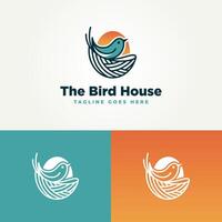 minimalistisch einzigartig Vogel Haus mit Sonne Linie Kunst Etikette Logo Illustration Design. einfach modern Vogel Nest Logo Konzept vektor