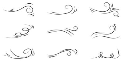 Hand gezeichnet Gekritzel Wind Bewegung, Luft Schlag, Strudel Symbol Satz. vektor