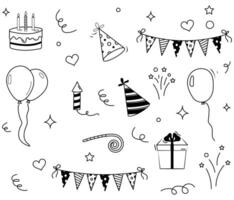 uppsättning av födelsedag klotter ikon. klotter födelsedag kaka, ballong, händelse dekoration element. vektor