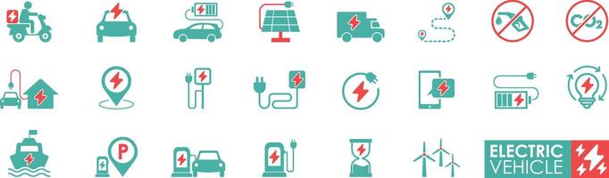 uppsättning av elektrisk fordon ikoner. fast ikon samling. som innehåller ett elektrisk bil, batteri, ev laddar, laddning station, motorcykel, hybrid, e-bil, och kraft. vektor
