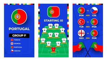 Portugal Mannschaft Fußball 2024 Vertikale Banner einstellen zum Sozial Medien. Fußball 2024 Banner einstellen mit Gruppe, Stift Flagge, Spiel Zeitplan und ausrichten auf Fußball Feld vektor