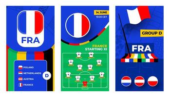 Frankreich Fußball Mannschaft 2024 Vertikale Banner einstellen zum Sozial Medien. Fußball 2024 Banner mit Gruppe, Stift Flagge, Spiel Zeitplan und ausrichten auf Fußball Feld vektor