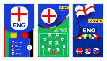 England Fußball Mannschaft 2024 Vertikale Banner einstellen zum Sozial Medien. Fußball 2024 Banner mit Gruppe, Stift Flagge, Spiel Zeitplan und ausrichten auf Fußball Feld vektor