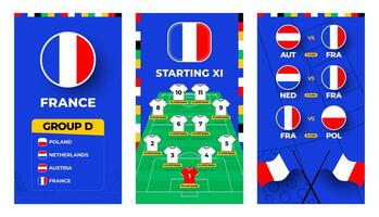 Frankreich Mannschaft Fußball 2024 Vertikale Banner einstellen zum Sozial Medien. Fußball 2024 Banner einstellen mit Gruppe, Stift Flagge, Spiel Zeitplan und ausrichten auf Fußball Feld vektor