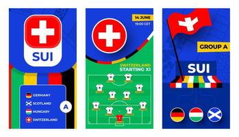 Schweiz Fußball Mannschaft 2024 Vertikale Banner einstellen zum Sozial Medien. Fußball 2024 Banner mit Gruppe, Stift Flagge, Spiel Zeitplan und ausrichten auf Fußball Feld vektor